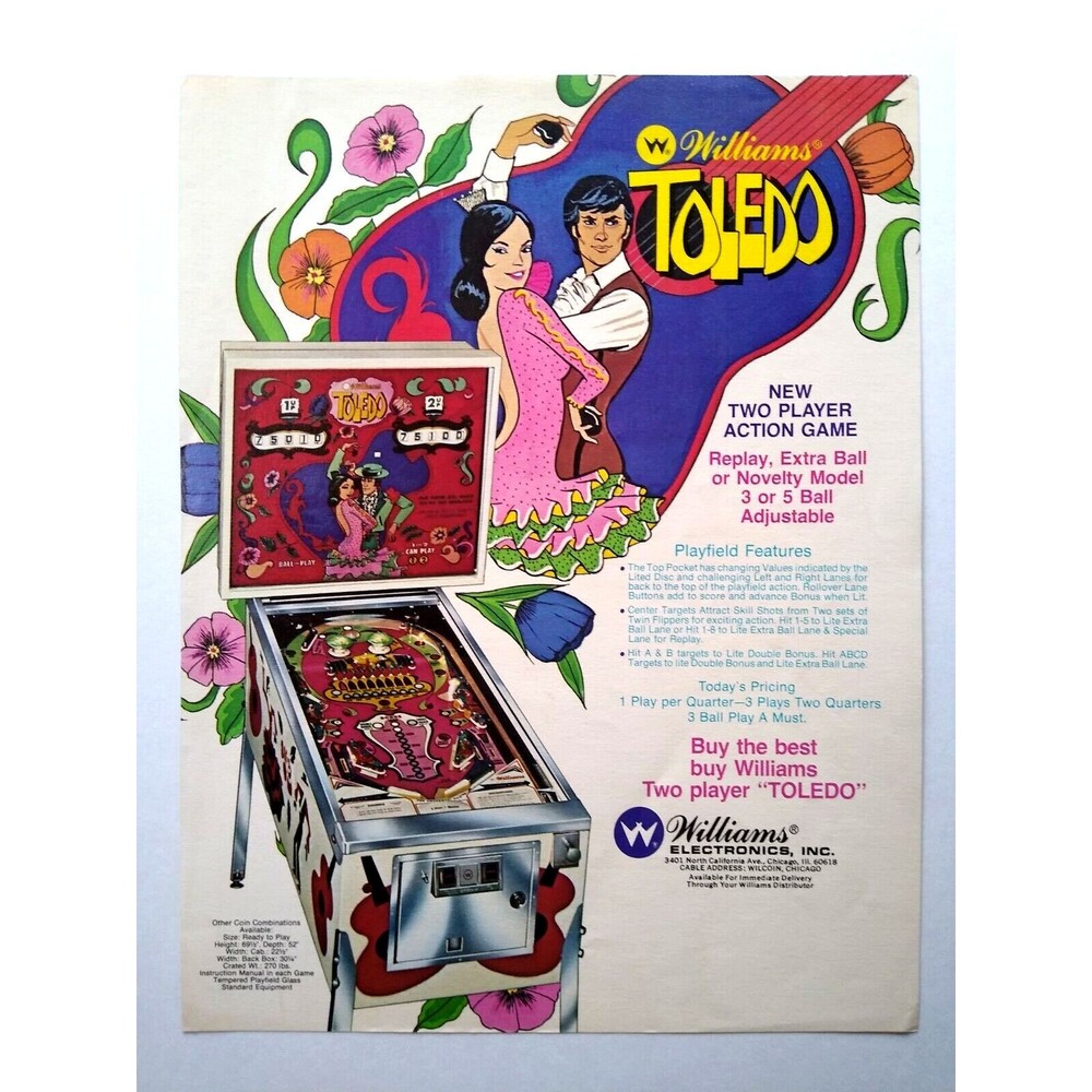 Toledo Pinball Flyer Original Spanish Dancers Vintage Retro Artwork Promo 1975